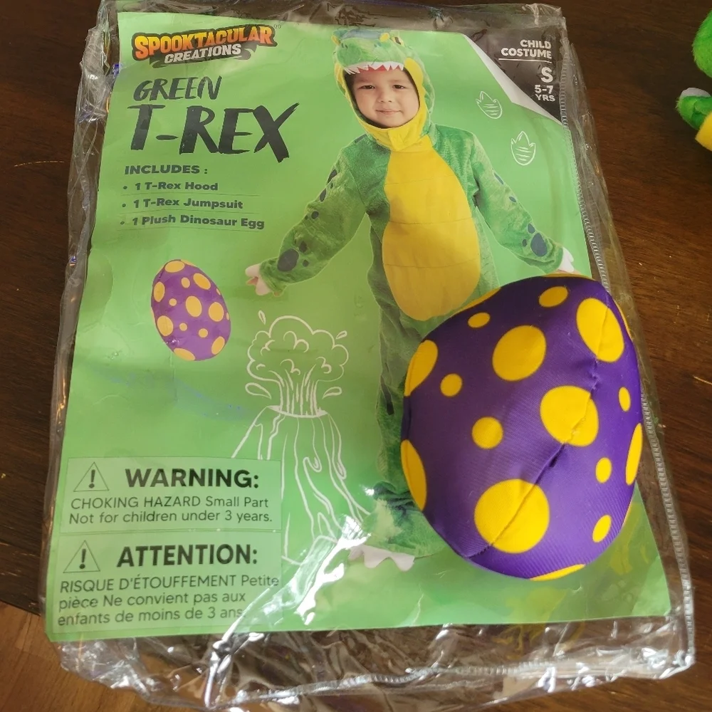 Kids T Rex Dinosaur Costume Deluxe Green Outfit Hood Jumpsuit Small 5-7 Unisex